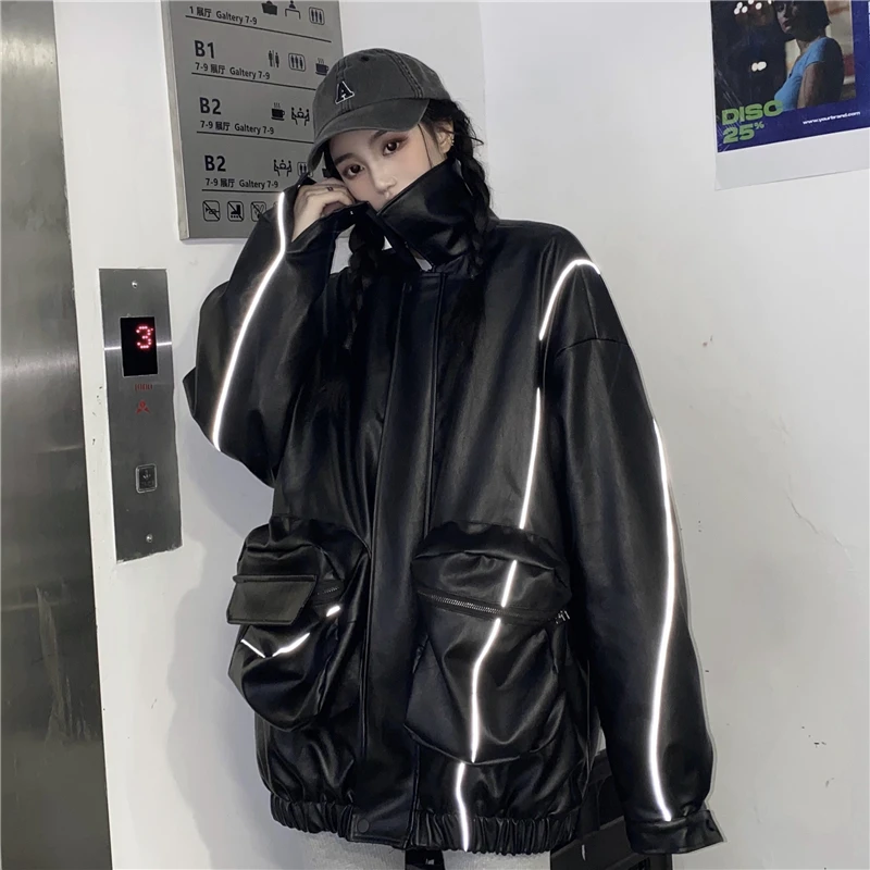 

Fall/Winter Pocket Retro Leather Jacket With Reflective Stripe Lapel Coat Loose Harajuku Jacket 2020